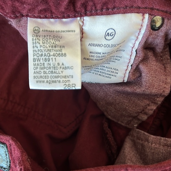 AG Adriano Goldschmied Stevie Slim Straight Ankle Velvet Pants Burgundy Size 28R - Picture 5 of 5